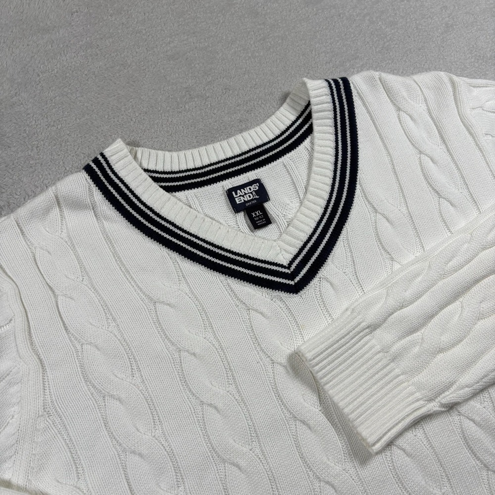 Lands'‎ End Drift Sweater Mens 2XL 50-52 White Cotton Cable Knit Ribbed V Neck